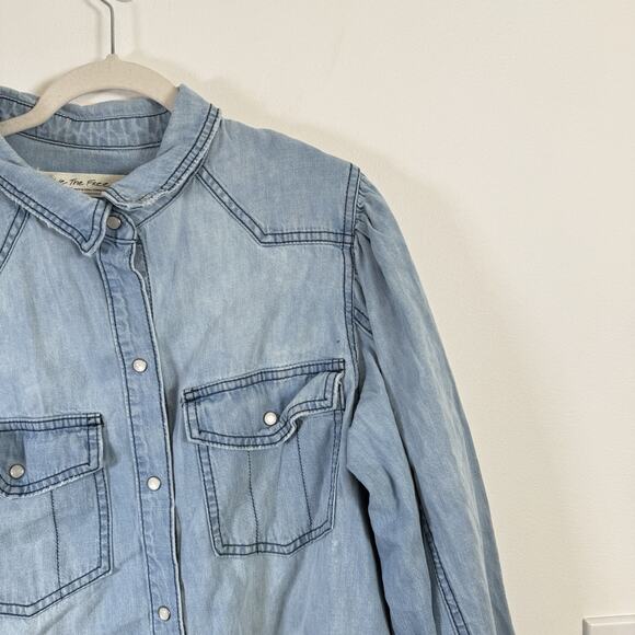 We the Free With Love Cotton Denim Shirt Blue Boho Western Pearl Snap Womens XL - Picture 3 of 8